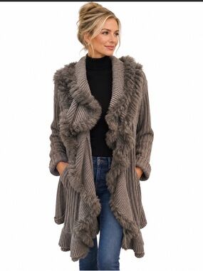 Alfani Soft Gray Faux-Fur Trim Ribbed Open Cardigan Y2K Large Never used